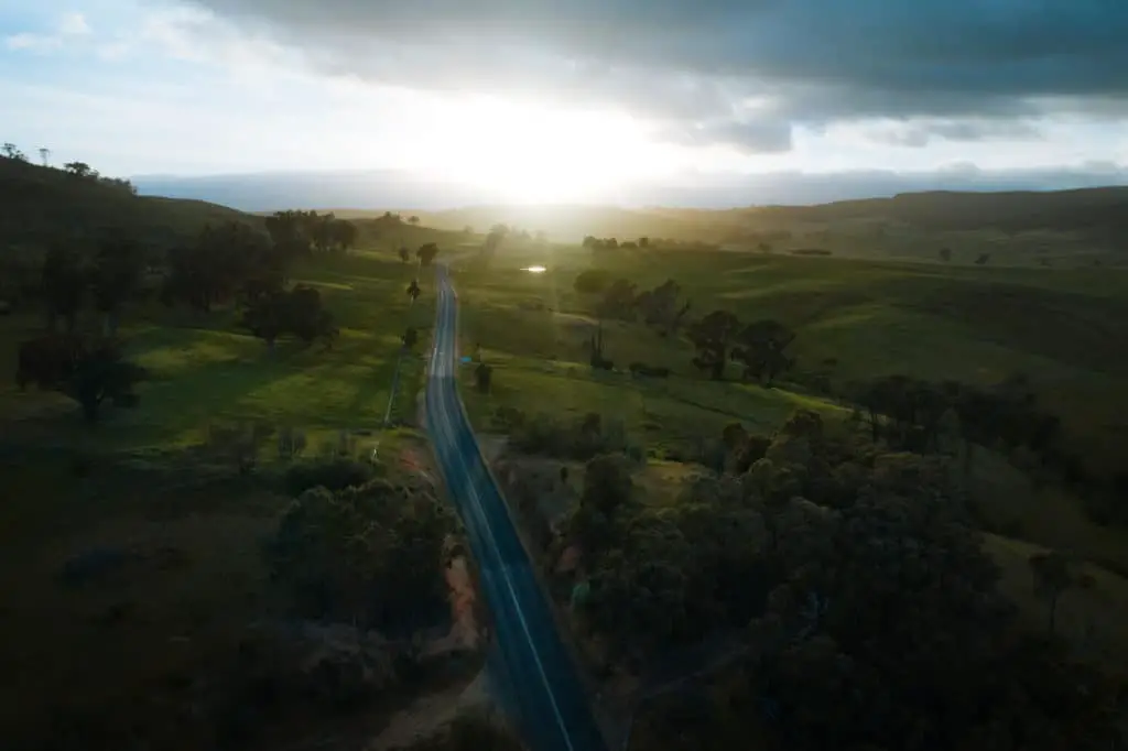 Aerial shot of the Snowy Valleys Way, a touring route that runs from Gundagai NSW, to Beechworth Vic, allowing travellers to get off the Hume Highway and enjoy the road less travelled.