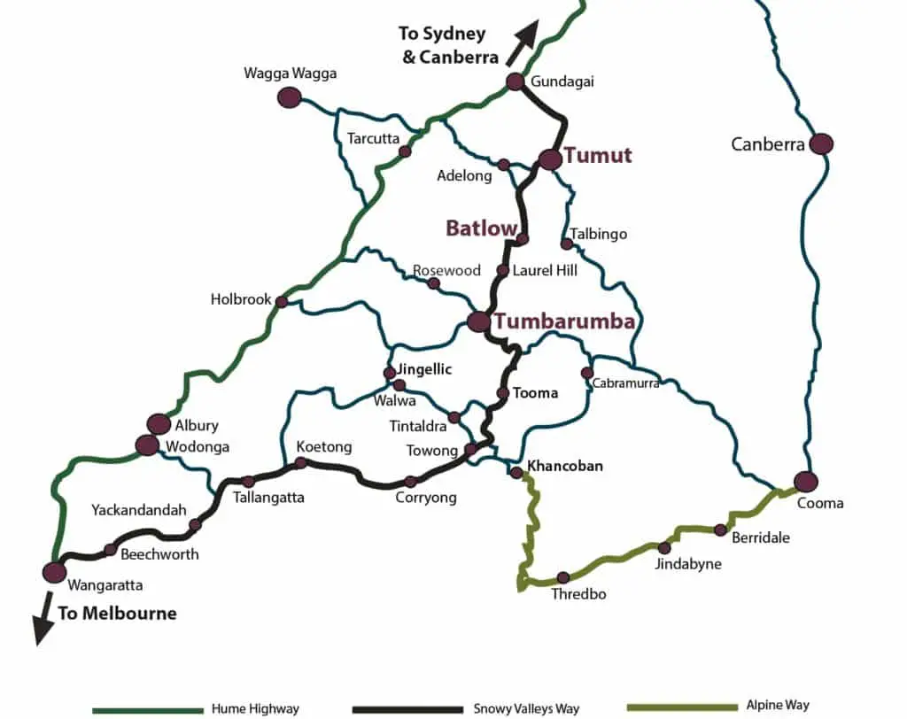 map of the Snowy Valleys including the towns on the Snowy Valleys beverage trail, the Snowy Valleys Way touring route, and the Tumbarumba Wine region